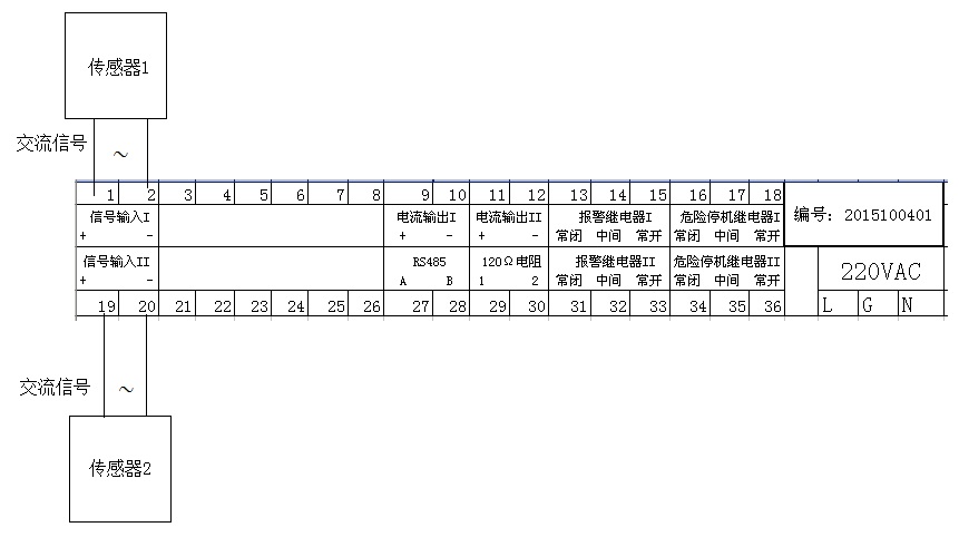 按键说明: 报警复位键为振动量大于设定报警值时使系统复位。 设置 键为可以进入设置界面输入6808按OK进入开始界面设置(ESC为退出键),设置好后保存。(注意:设置时系统应为正常状态) 设置界面一 设置界面二 当取消时,直接返回上级菜单。 灯指示:面板显示的状态(分三种正常,警戒,危险。)右面有灯与之对应。灯正常工作时在闪烁。 安装与接线 YD430 轴承振动监测仪后面板接线 接YD9200传感器时接线方式如下: YD9200传感器接线图 接CZ9300或YD9200A传感器